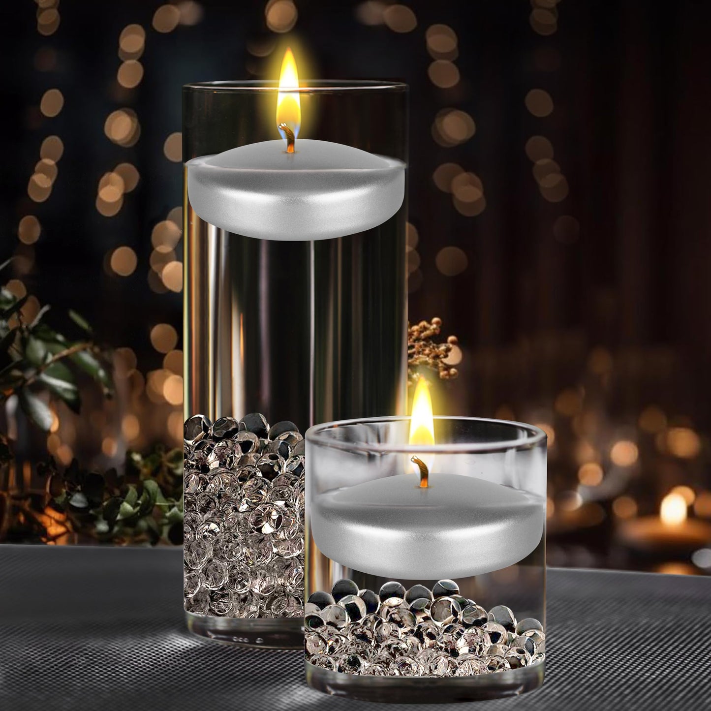 Mega Candles 4 pcs Unscented Silver Floating Candles, Hand Poured Wax Candle 3 Inch Diameter, Home Décor, Wedding Receptions, Occasions, Festivities, Events, Meditations, Tranquility, Spa