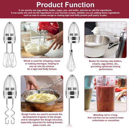 Hand Mixer Attachments Beater, Whisk, Blending Rod and Dough Hooks, Stainless Steel Hand Mixer Accessories Compatible with Kitchenaid Hand Mixers KHM3 KHM5 KHM7 KHM9, Set of 6