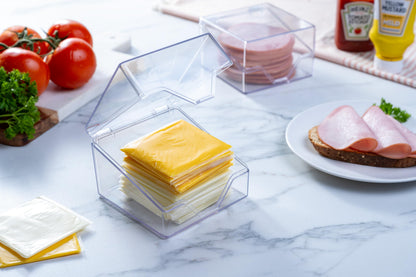 Pikanty American Cheese Slice Container for Refrigerator - Large Clear Plastic Holder Fits 24 Kraft or Sargento Singles, Sliced Cheese Keeper with Hinged Lid, Dishwasher Safe, Made in USA