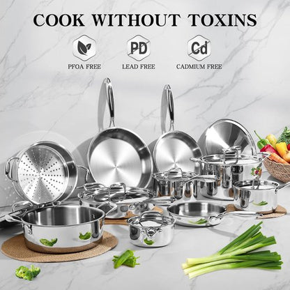EWFEN Stainless Steel Cookware Set, 3 Ply 17 Piece Stainless Steel Pot and Pan Set, Oven Dishwasher Safe | Induction Compatible Frying Pans, Saucepans, Saute Pan & Stock Pot, PFOA, PTFE & PFOS Free