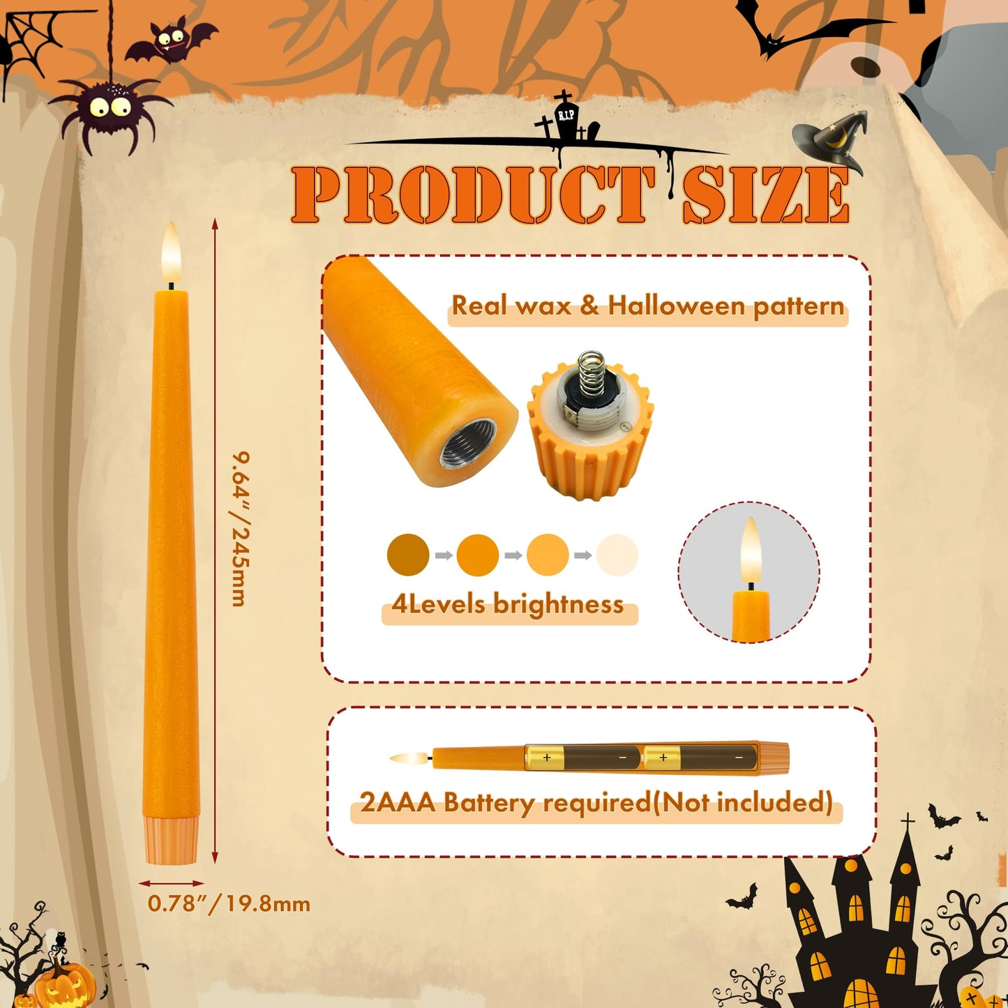 Orange Flameless Taper Candles, 9.6" Halloween Battery Operated Candles with Two Remote, Real Wax Fall Led Candlesticks, Flickering Flameless Candle for Fall, Thanksgiving, Harvest, Halloween, 6 Pack
