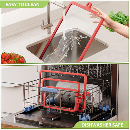 Freshmage 2Pcs Tempered Glass Cutting Boards for Kitchen, Glass Cutting Board Set (10"x6" & 12"x8") with Non-Slip Silicone Edges and Hanging Hole, Clear Cutting Board for Countertop & Everyday Prep