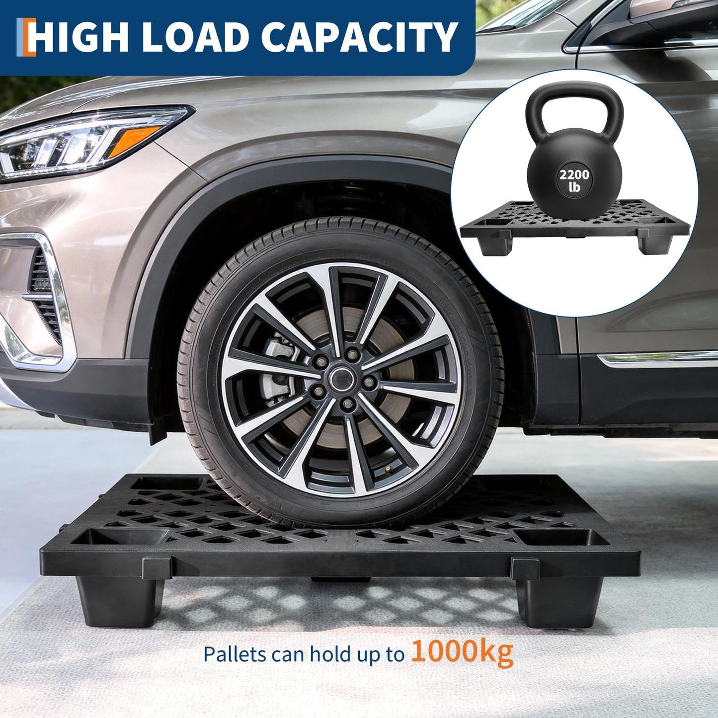 GarveeTech 8 Pcs Plastic Pallet, Modular Stackable Ventilation Pallet, 2200lbs Capacity Heavy-Duty Forkliftable Tray for Garage, Workshop, Easy to Clean, 23.6"l x 15.7"w x 3.9"h