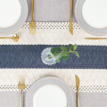 FEXIA Boho Table Runner 90 Inches Long with Tassels Farmhouse Rustic Cream & Blue Macrame for Dining Bedroom Baby Bridal Shower Decor(12x90 Inches)