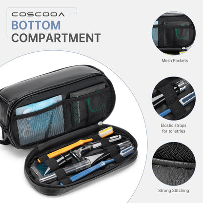 COSCOOA PU Leather Toiletry Bag for Men, Water Resistant Mens Hanging Toiletry Travel Makeup Bag, Travel Essentials Shaving Bag with Large Capacity Suitable for Bathroom Settings, Black