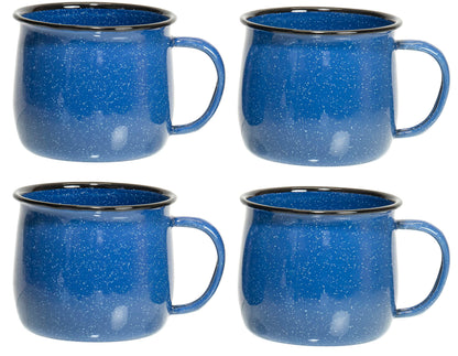Red Co. Set of 4 Enamelware Metal 12 Oz Round Camping Coffee Mugs with Handle, White-Speckled Blue/Black Rim