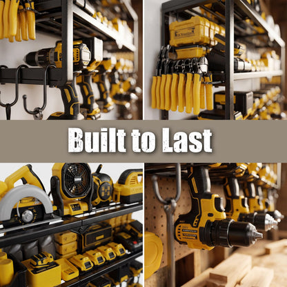 Amoowis Heavy Duty Power Tool Organizer for Wall Mount Garage Storage – 320 lbs Capacity, 3-Tier Iron Wire Rack with 8 Drill Slots, Shelf for Battery Charging Station – Gift for Fathers Day Handyman