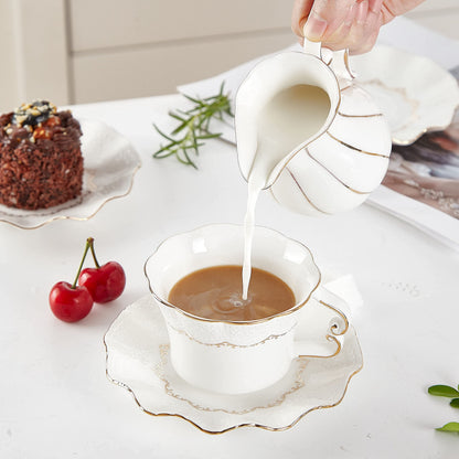 DUJUST Tea Cups and Saucers with Golden Trim,Set of 6 (7 OZ), Luxury Relief Printing Coffee Cups with Metal Stand, British Royal Porcelain Tea Party Set - White