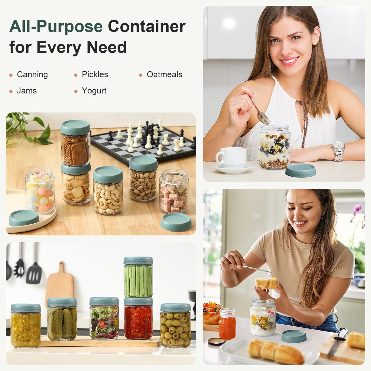 NETANY 6-pack 16 oz Overnight Oats Containers with Lids, Glass jars with Airtight Lids, Wide mouth Mason Salad jars, Glass Food Storage Containers for Snacks Yogurt Spice Sugar