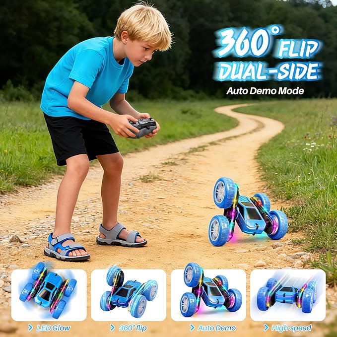 Remote Control Car Rc Cars Stunt RC Crawler Toys 4WD 360° Rotating with LED Light-Up Wheels &amp Remote Control for 6-12 for Boys Birthday Gift (Blue)