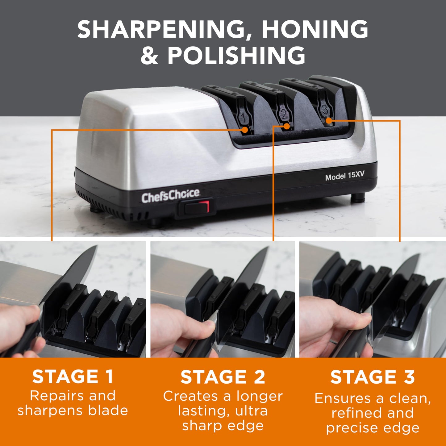 Chef’sChoice 15XV EdgeSelect Professional Electric Knife Sharpener with 100-Percent Diamond Abrasives and Precision Angle Guides for Straight Edge and Serrated Knives, 3-Stage, Gray