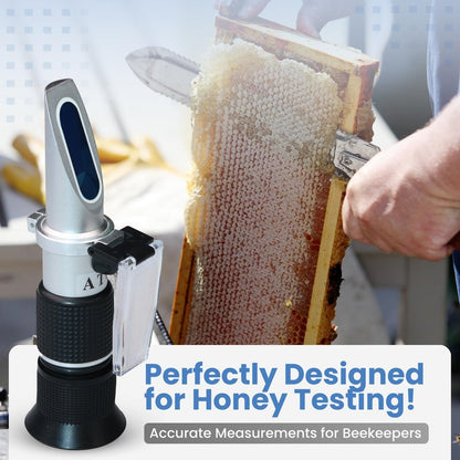 3-in-1 Honey Refractometer with ATC – Brix 58-90%, Baume 38-43%, Moisture 12-27% – Easy to Calibrate, Reliable, and Accurate Tester for Honey, Maple Syrup, Molasses, and More – Ideal for Beekeepers