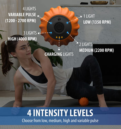 Zyllion Rechargeable Vibrating Massage Ball - Cordless 4-Mode Deep Tissue Peanut Massager Roller for Muscle Pain Relief, Arthritis, Sciatica, Plantar Fasciitis on Foot, Leg, Back, Neck ZMA-30 Orange