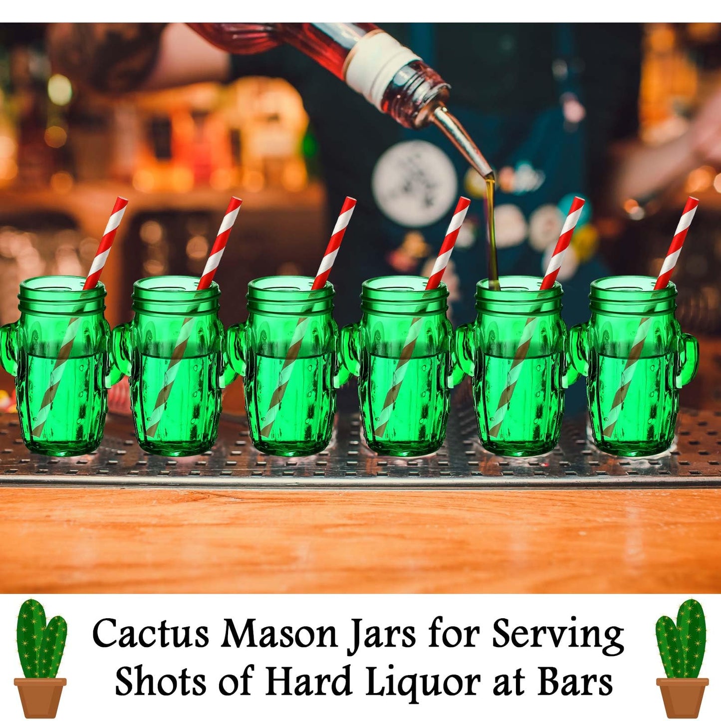 Maxcheck 24 Sets 3oz Cactus Mason Jars Shot Glasses with 24pcs Shot Glasses 24pcs Silver Lids 30pcs Straw, Glass Cactus Decor Favor Jars for Weddings, Decoration Parties DIY Drink Dessert Candle Craft