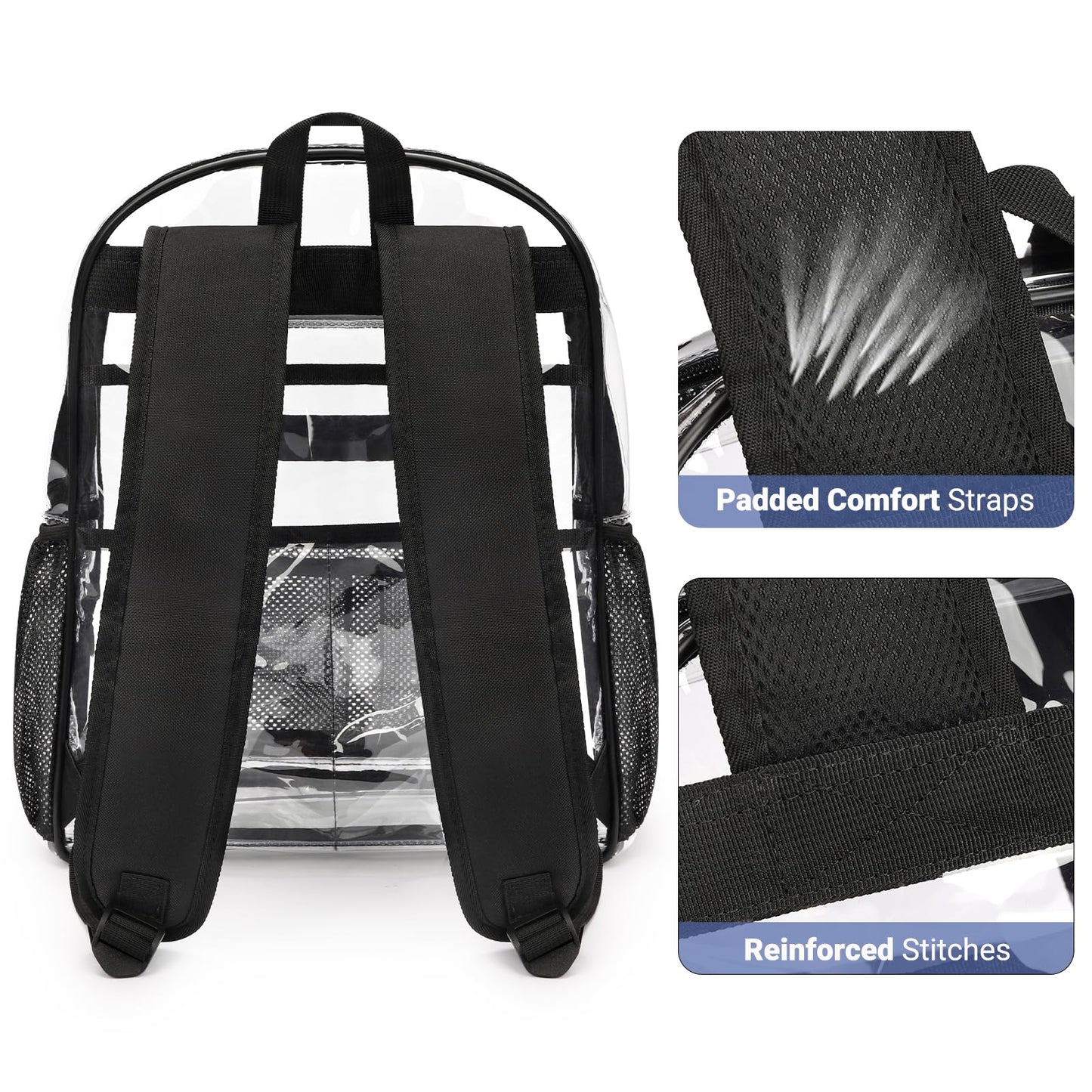 ZORFIN Clear Backpack Heavy Duty for School – 17in Transparent PVC Bag with Large Capacity & Reinforced Straps for Men, Women, Boys & Girls - See Through Bookbag for College Workplace Security, Black