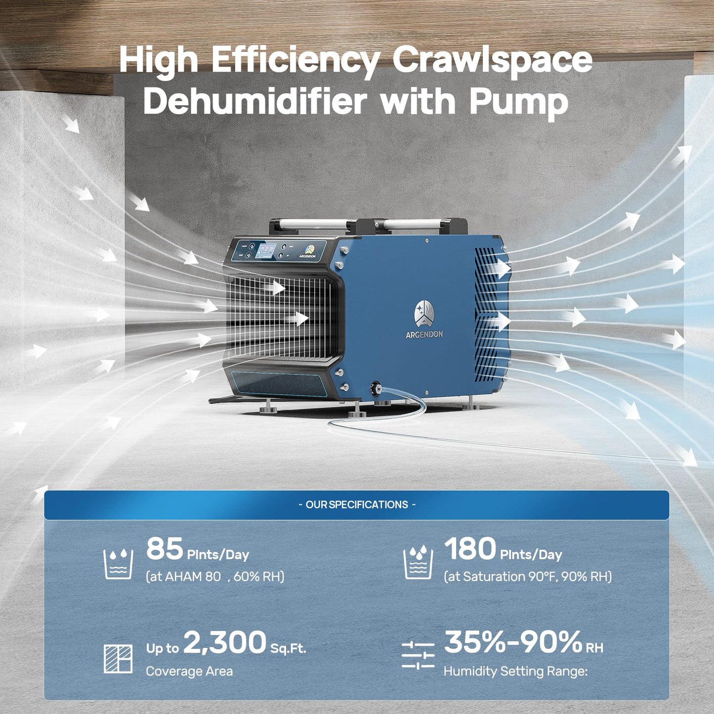 ARGENDON 180 Pints Crawlspace Dehumidifiers with Pump and Drain Hose, Commercial Dehumidifier for Basement, Industrial Large Spaces, Basement, Job Sites, cETL, 5-Year Limited Warranty