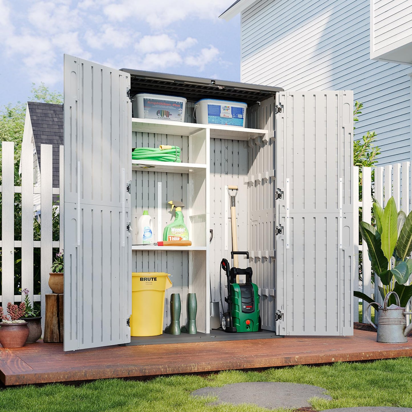 Aoxun Outdoor Resin Storage Shed with Metal Shelving Kit & Floor, 64 Cu.Ft Vertical Waterproof Storage Cabinet for Garage, Pool, Bike, Garden Tools, Patio Furniture (White)