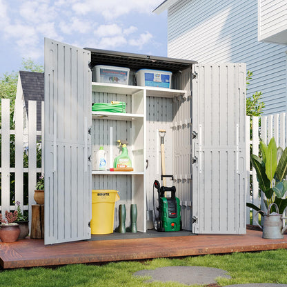 Aoxun Outdoor Resin Storage Shed with Metal Shelving Kit & Floor, 64 Cu.Ft Vertical Waterproof Storage Cabinet for Garage, Pool, Bike, Garden Tools, Patio Furniture (White)
