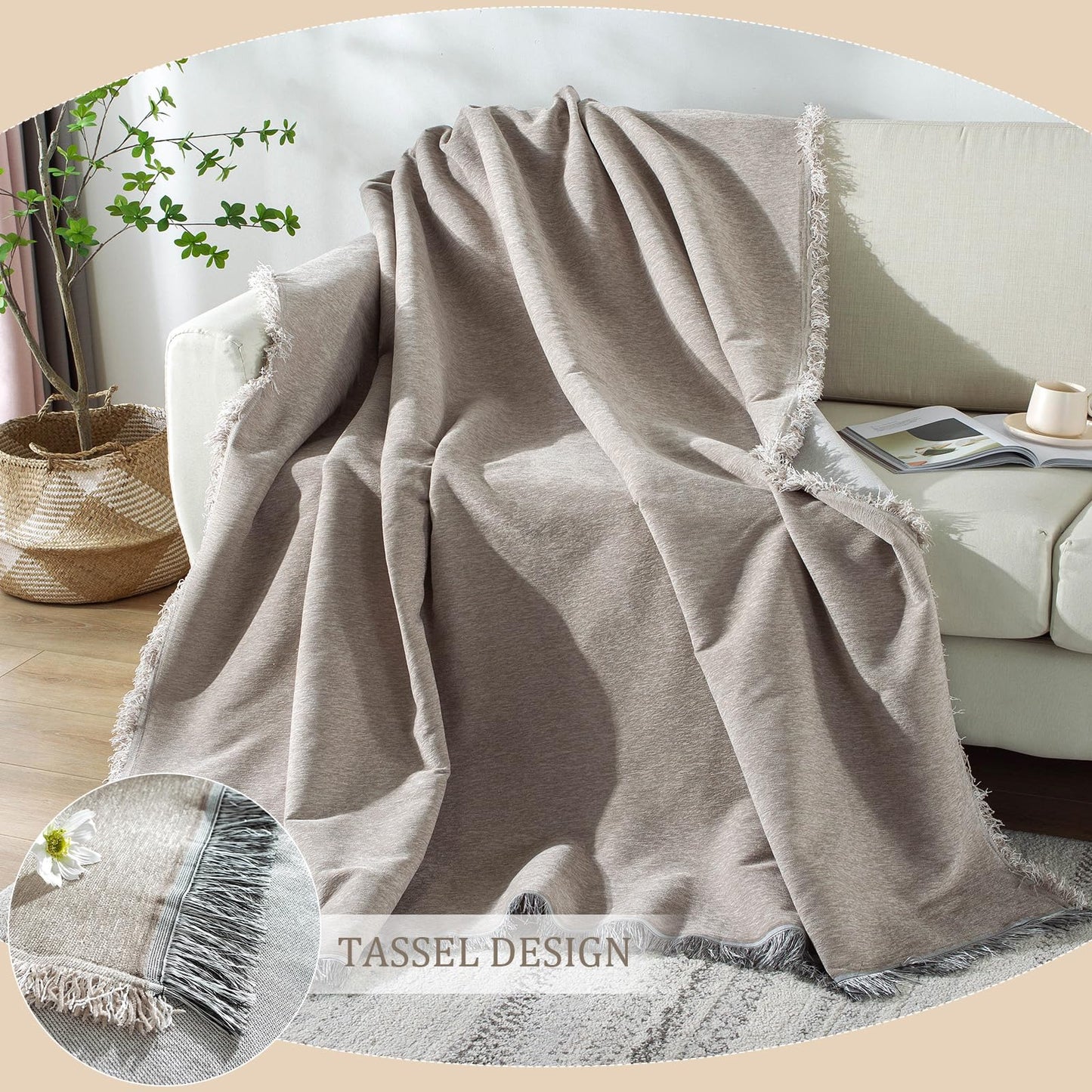 Foreate Extra Wide 91"x134" Chenille Sofa Cover Water Resistant Sofa Covers Washable Sectional Couch Covers for 2 3 Cushion, Tassel Edge Durable Couch Protector for Dogs (Khaki, 91"x134")