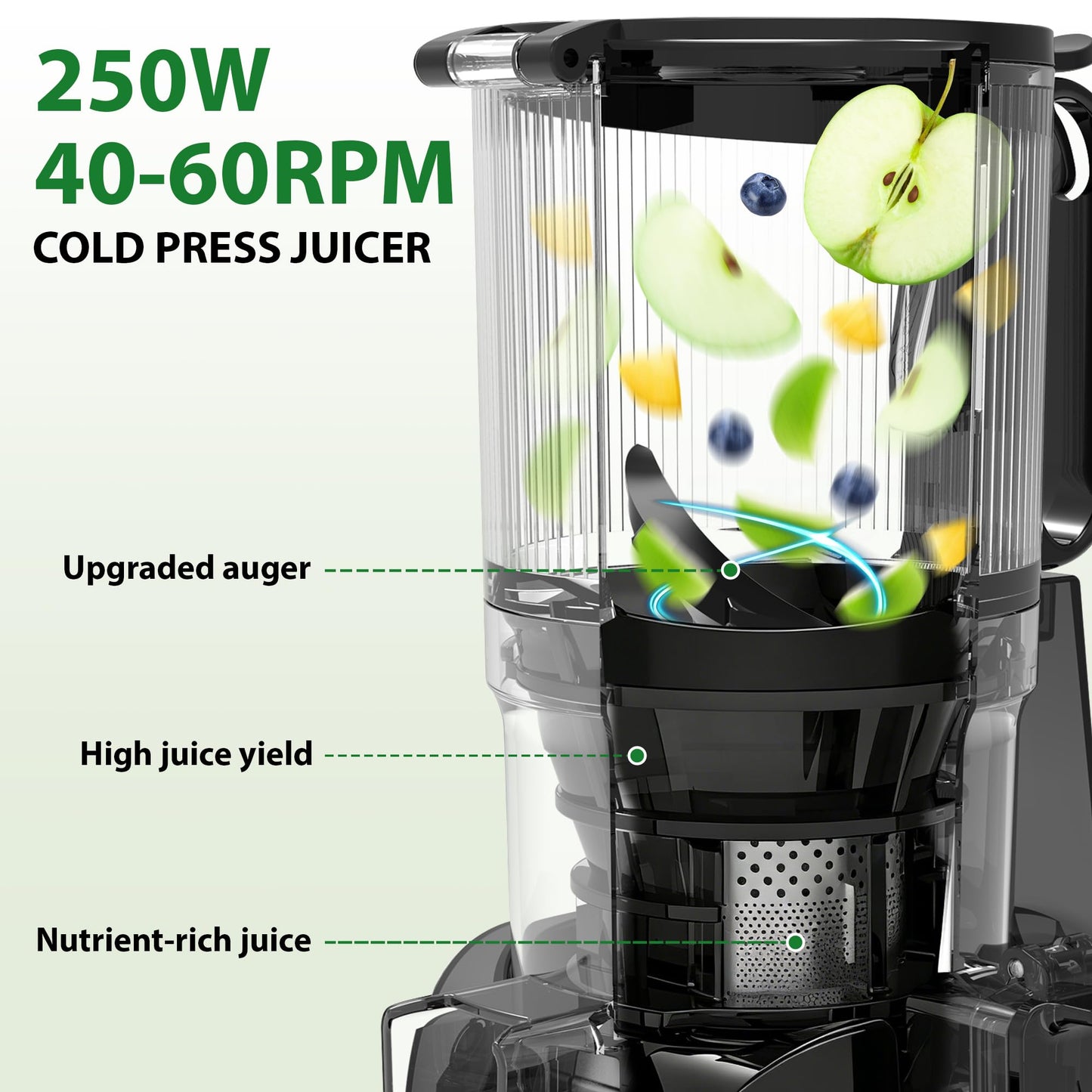 SUSTEAS Juicer Machines with 5.3" Extra Wide Chute,Cold Press Juicer for Whole Fruits & Vegetables, 64oz Capacity Juice Extractor 250W, Easy to Clean, High Juice Yield, Home Juicer, Premium Black