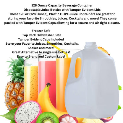 (4 PACK) 128 Oz Empty Plastic Gallon Juice Bottles with Tamper Evident WHITE Caps - Smoothie Bottles - Ideal for Juices, Milk, Smoothies, Picnic's and Even Meal Prep - Made in USA