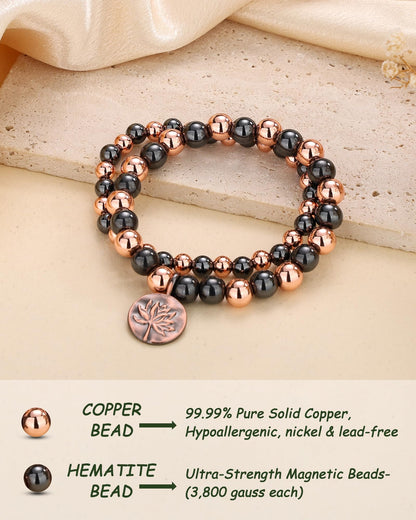 MagEnergy 2Pcs Copper Bracelet for Women & Men, 3800 Gauss Magnetic Bracelet, Lotus Copper Hematite Jewelry Gifts, Stretch Hematite Bead Braclets Pulseras Para Mujer