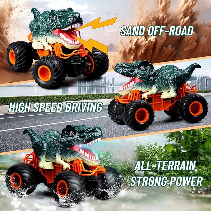 Dinosaur Monster Truck Toys - Remote Control Dinosaur Car 2.4Ghz RC Truck with Lights Music &amp Spray - Electric Hobby RC Cars for Toddlers - Birthday Gift for Kids Boys Girls Ages 3-8 (Green)