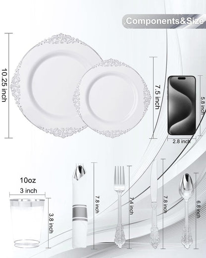 Nervure 350PCS Silver Plastic Plates - Silver Plastic Dinnerware Sets for 50 Guests - 100 Disposable Plates, 150 Silverware, 50 Cups, 50 Napkins for Wedding & Party