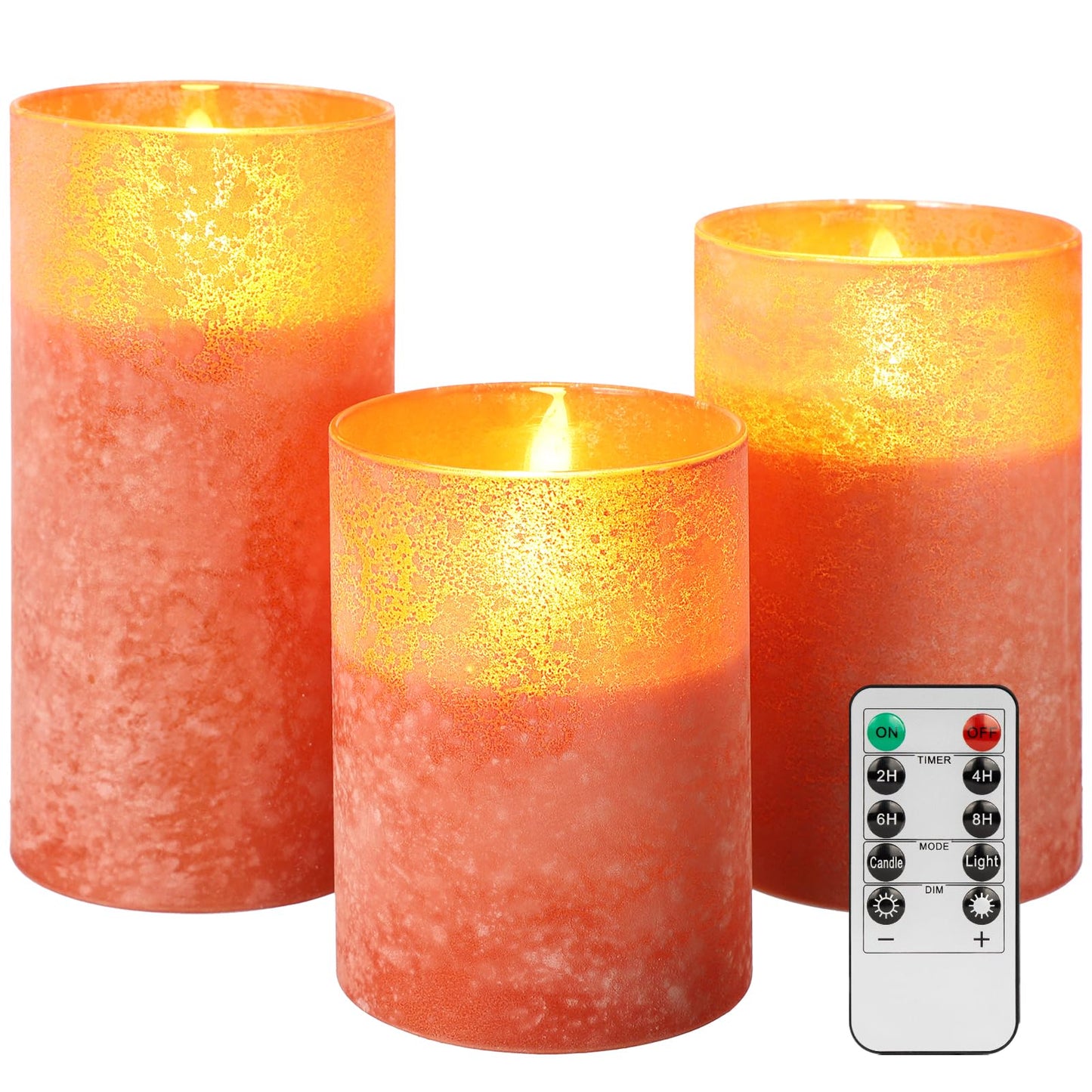 HJANDHJ Orange Flameless Candles, Sandblast Glass Battery Operated Candles with 10-Key Remote and Timer,Set of 3 Realistic Wax Candles for Home Decor (W3 H 4" 5" 6")