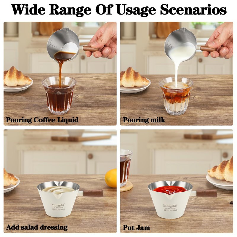 Mongdio Espresso Measuring Cup, Stainless Steel Espresso Shot Cups with Wooden Handle and Double Spouts, 6.8OZ/200ML, White