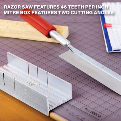 Excel Blades 6-Inch Metal Mitre Box Set – Aluminum & Steel Precision Cutting Tool with K5 Handle & Razor Pull Saw for Wood, Plastic & Soft Metals – 45° & 90° Cutting Angles, Made in USA