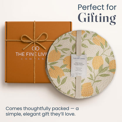 The Fine Living Co. Lemon Printed Braided Cotton Placemats (Set of 6, 13.5 Inches), Washable Anti-Slip Heat Resistant Mats, Boho Woven Round Table Mats for Table Decor, Kitchen and Dining