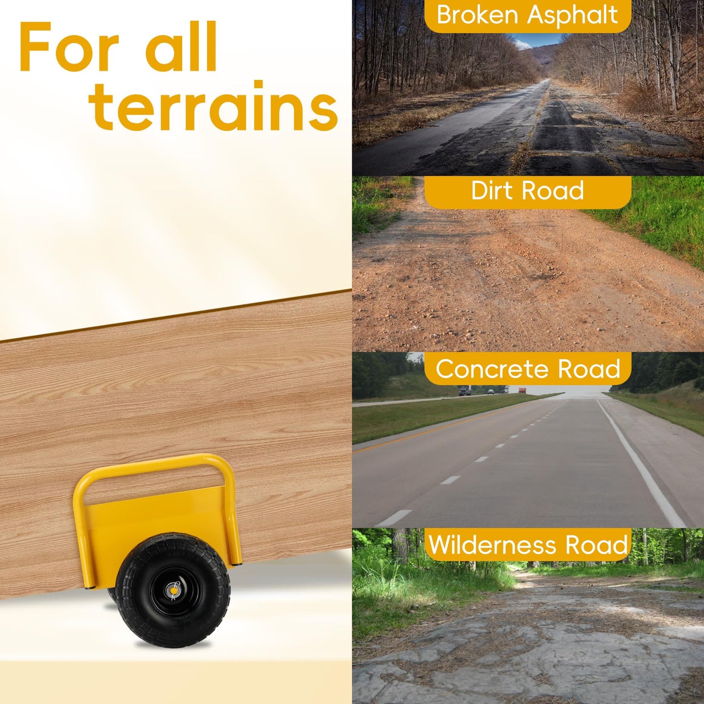 Heavy Duty Panel Dolly Slab Dolly Two Comfortable Handles 10 Inch Solid Rubber Tires Supports Up to 1000 Pounds All Terrain Movement Ideal for Heavy Drywall Sheets and Door Material Transport (Yellow)