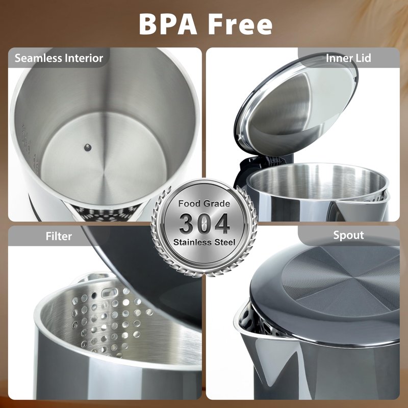 1.7L Electric Kettle, Stainless Steel Interior, 1500 Watt, Fast Boiling Water Boiler, LED Display, Temperature Control, Keep Warm, Auto Shut-Off, Boil-Dry Protection, Double Wall