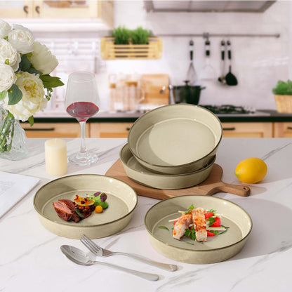 LIANYU 34oz Pasta Bowls Set of 4, 8.7’’ Wide Ceramic Bowl Plates, Shallow Stoneware Dinner Serving Plates Set for Salad, Soup, Cereal, Fruit, Dishwasher & Microwave Safe, Sandy Beige