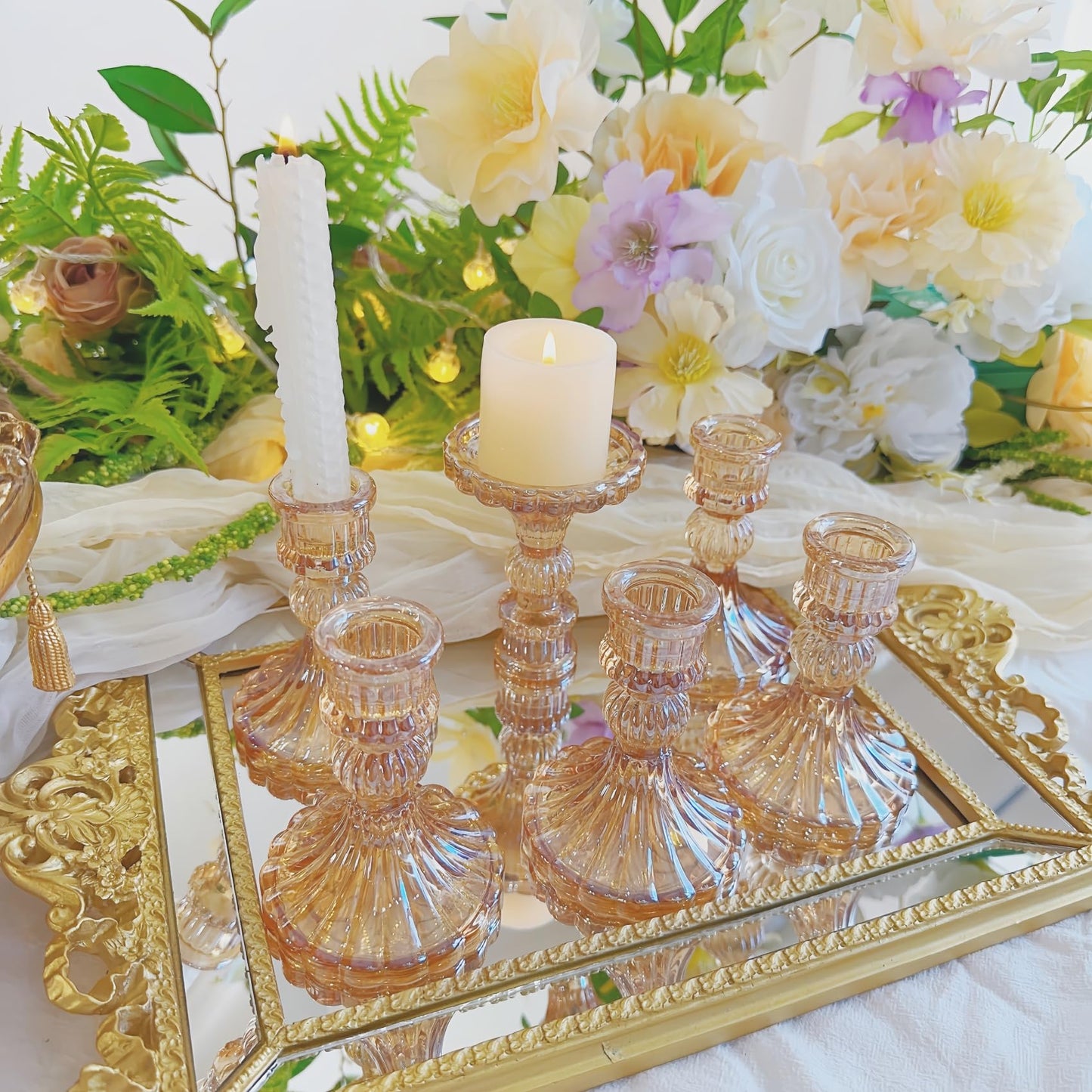 ECHFSM Glass Candlestick Holder,Striped Taper Candle Holders,Set of 6 Candle Stand for Table Centerpieces, Home Decor,Weddings,Festival and Parties (Amber Stripe Pattern)