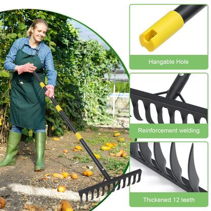 Bow Rake, 78" Heavy Duty Garden Tools Lawn Leveling Rake with Long Handle, 12 Tines Garden Tools Metal Head for Loosening Soil, Cleaning the Leaves and Weeding Control, Leaf, Thatch, Landscape Tools
