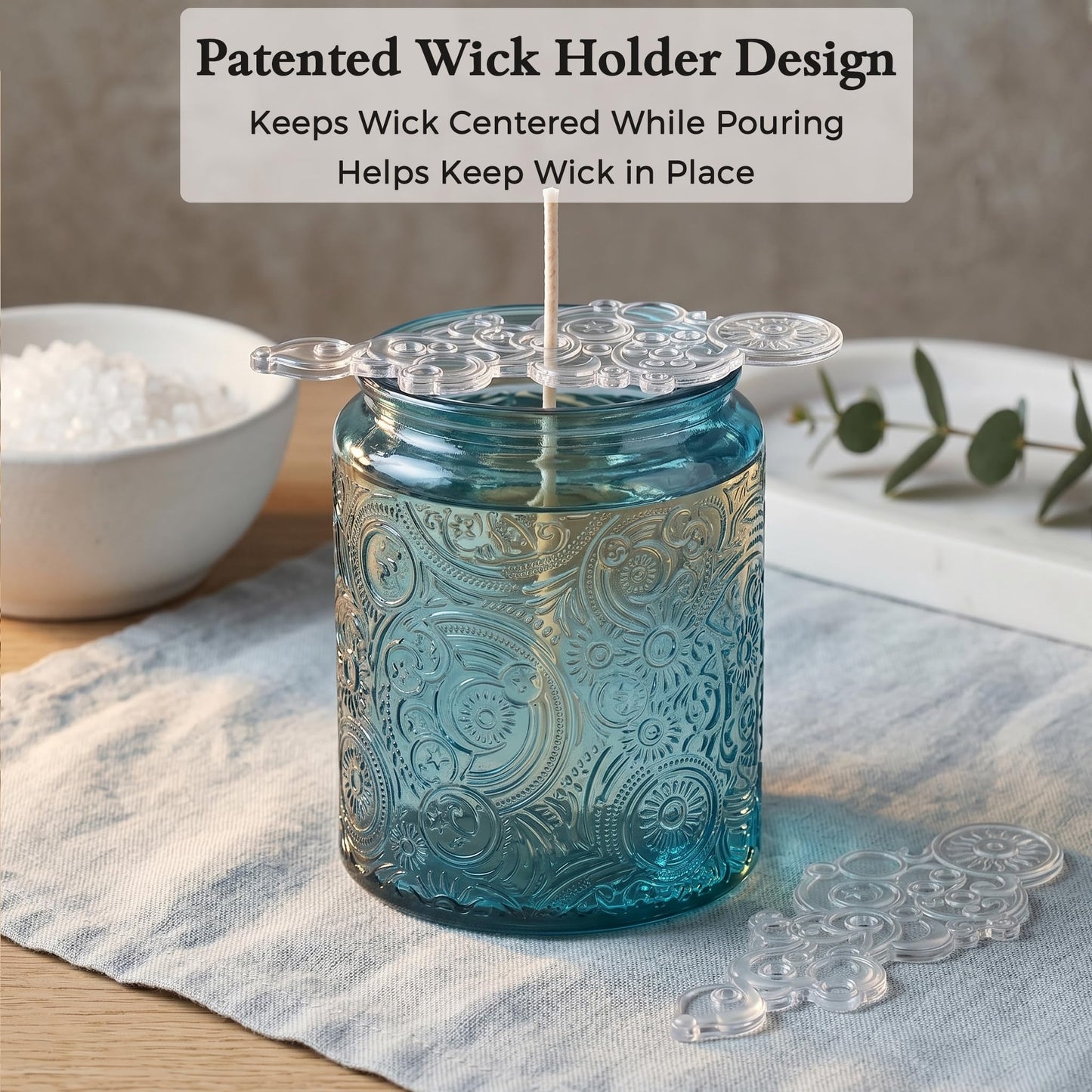 9-Pack 8oz Embossed Glass Candle Container with Bamboo Lids and Labels, Blue Candle Jars for Making Candles, Sun Moon Star Design