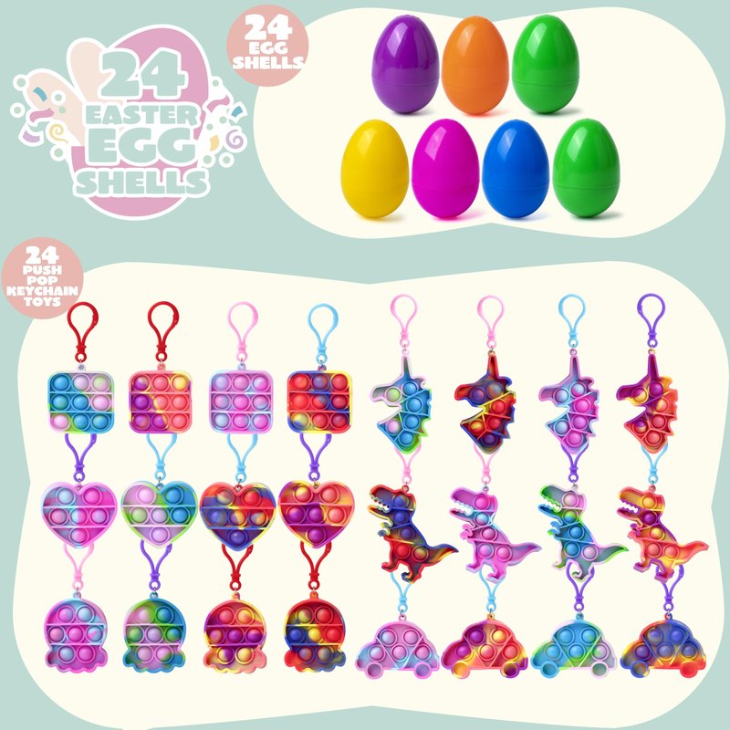 JOYIN 24 Pcs Pre Filled Easter Eggs with pop Keychain Toys for Easter Theme Party Favor, Pop Fidget Stress Relief Squeeze Bubble for Eggs Hunt, Classroom Exchange and Game Prize Supplies