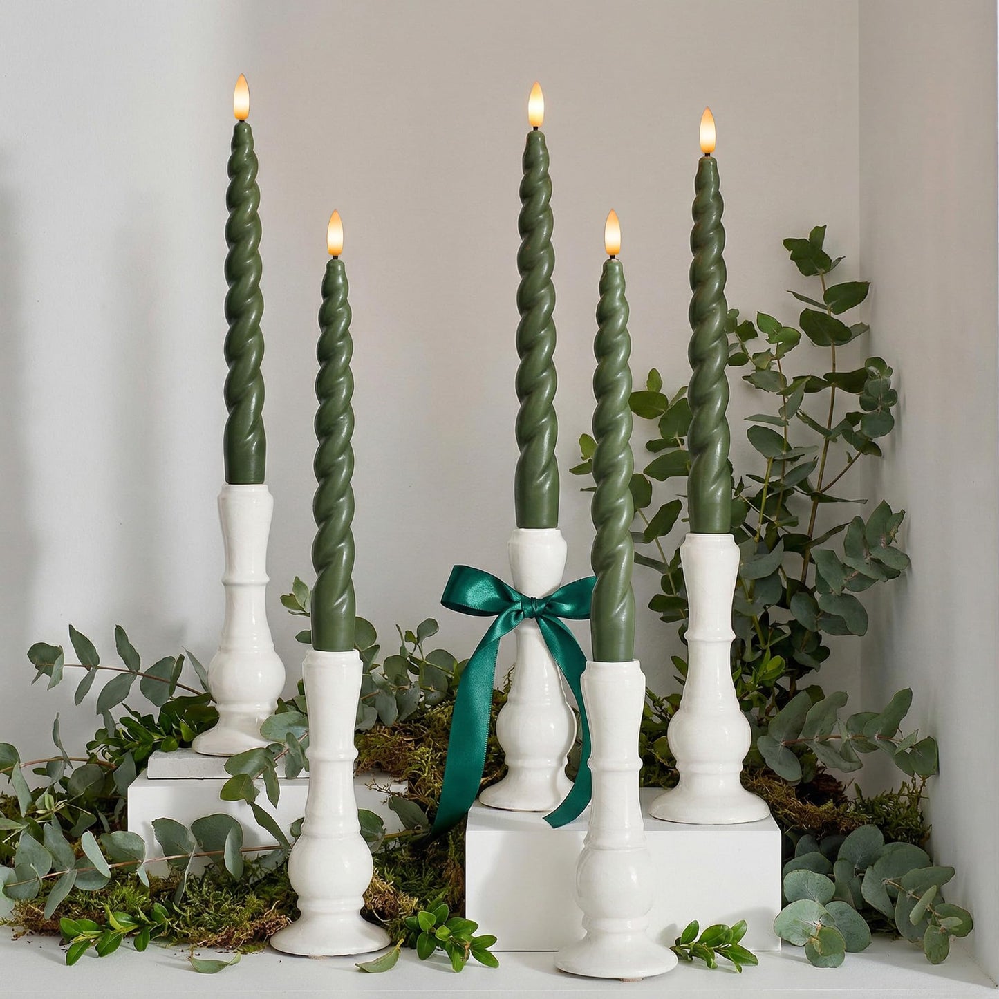 West Ivory Full Twisted Spiral Flameless LED Taper Candles – Loden Green, Set of 2 – 2/4/6/8-Hr Timer (24-Hr Memory), Remote, Dimmable, Bottom On/Off Button, Flicker/Steady, Battery Operated