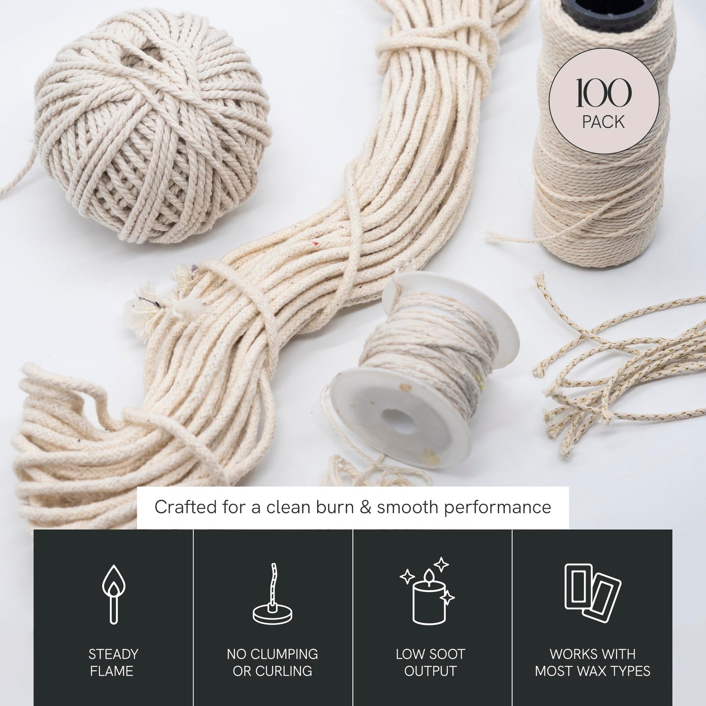 EAP Innovations Cotton Core Candle Making Wicks 6", Ideal for Votives, Pillars, and Containers, All-Fiber Wicks for Candle Making, Steady and Clean Burn, Size 34-40C, Pack of 100