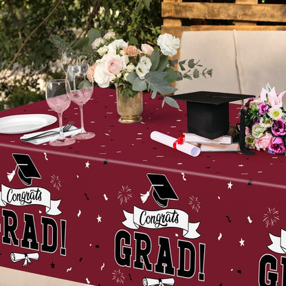 QZYL 2 PCS Graduation Decorations 2026, 108" X 54" Maroon Graduation Table Cloths, Rectangle Table Cloths for Class of 2026 Congrats Grad, Disposable Plastic Tablecover for Grad Decor Party Supplies