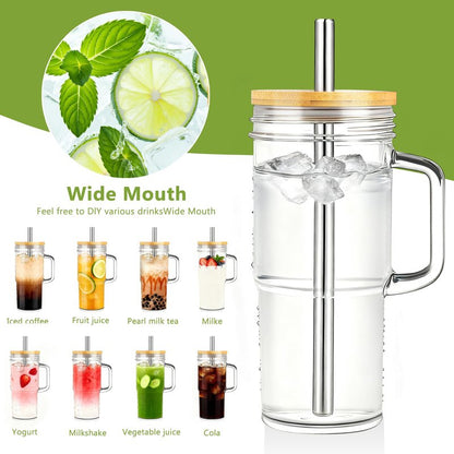 Birity Glass Cups with Lids and Straws,24oz Glass Tumbler With Handle,4 Pack Reusable Iced Coffee Cup with Lids-Mason Jar with Lid and Straw,Boba Cup for Cold & Hot Drinks,Smoothies Cup,Travel Mug