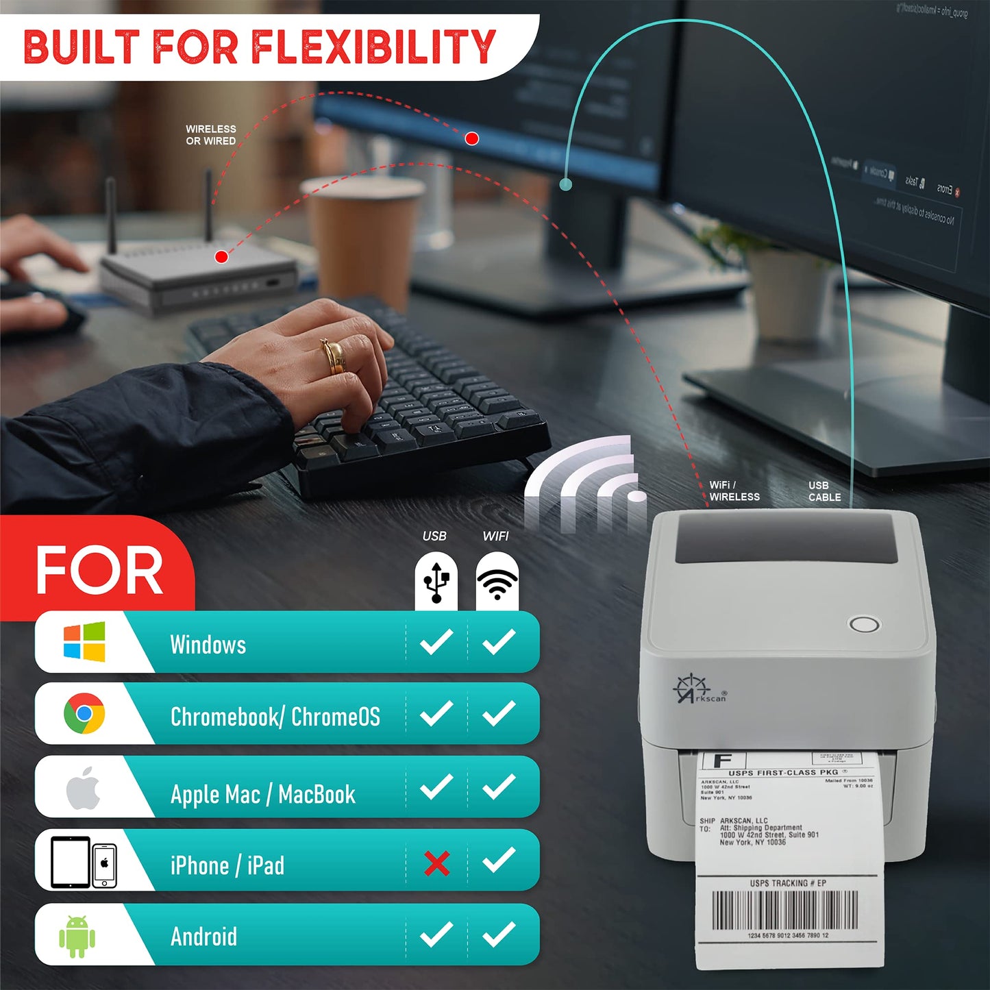 Arkscan 2054K-WF Shipping Label Printer Support USB & WiFi Connection, Work w/iPhone Windows Mac Chromebook Android Support Amazon Ebay Paypal Shopify Shipstation UPS USPS FedEx Direct Thermal Labels