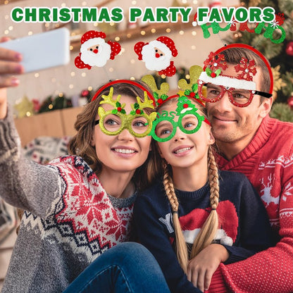 Christmas Glasses & Headband 12 Pack, Xmas Glitter Eyeglasses Frame & Headwear Accessories - One Size Fits All, Holiday Party Favor Supplies Classroom Game Prizes Gifts Photo Booth Props Outfit
