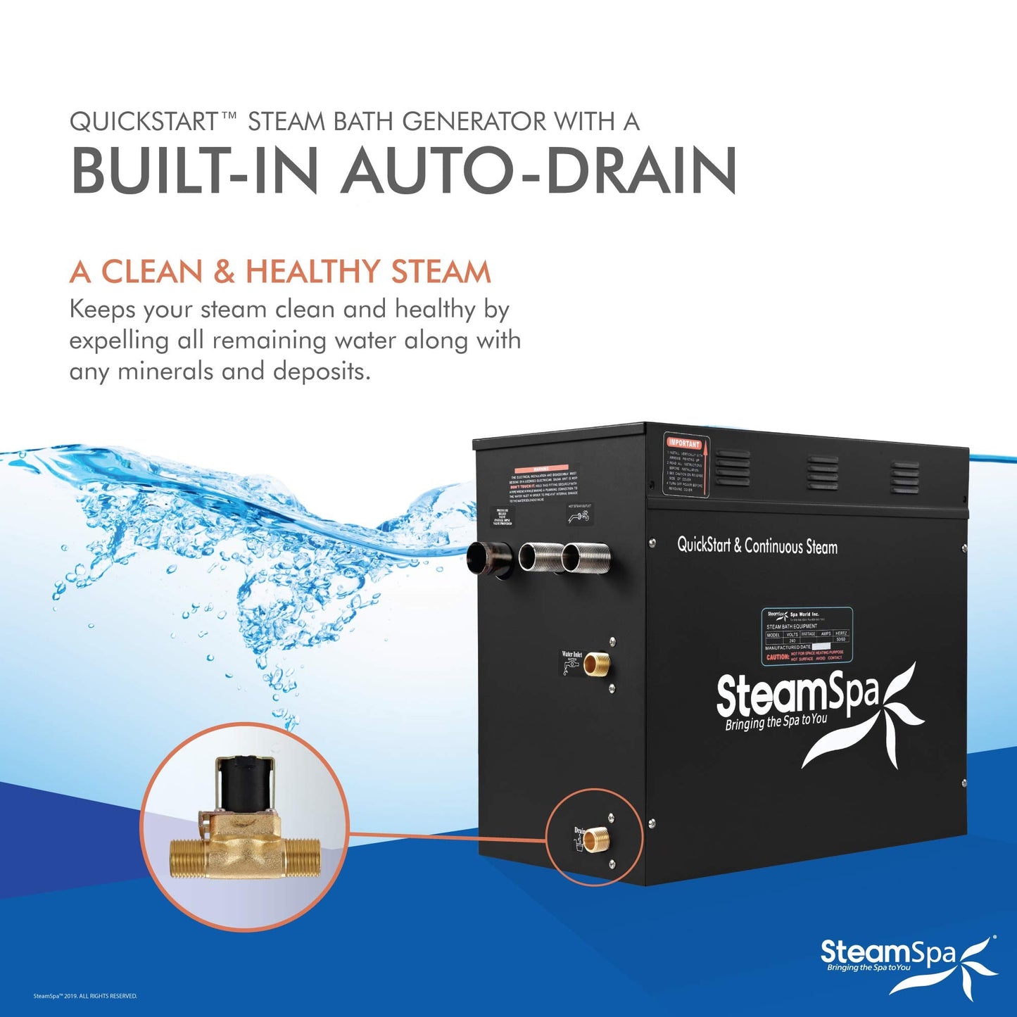 SteamSpa Generator with Quick Start Continuous Steam Technology, Wi-Fi, Bluetooth and Autodrain | 12kW Steam Generator with Gold Steam Head with Aromatherapy Reservoir | RVB1200GD-A