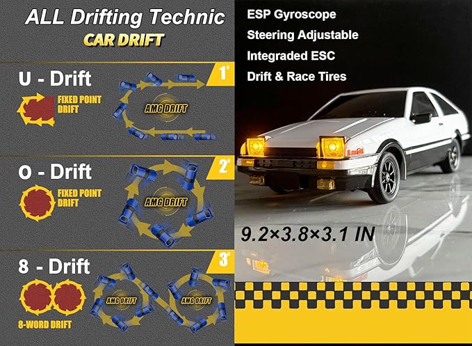 LDRC 1/18 RC Drift Car with Gyro RWD Drift RC Cars Hobby RTR with Drifting and Race Tires for Adult 2.4 GHz Proportional Throttle Steering ESP Gyroscope Metal Drive Shaft LD1801