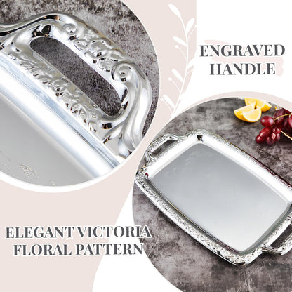 Tiangrid 2 Pcs Silver Serving Tray Elegant Floral Metal Plate Silver Platter for Buffet Wedding Party Jewelry Decorative (Oblong with Handle)