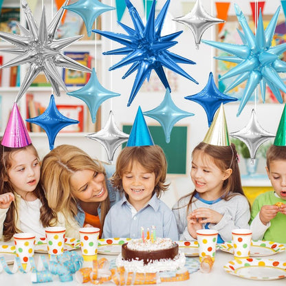 Blue Silver Star Balloons Kit with 6pcs 22in Cone Foil Balloons and 10pcs 10in Four Pointed Star Balloons for Birthday Anniversary Disco Party Decorations