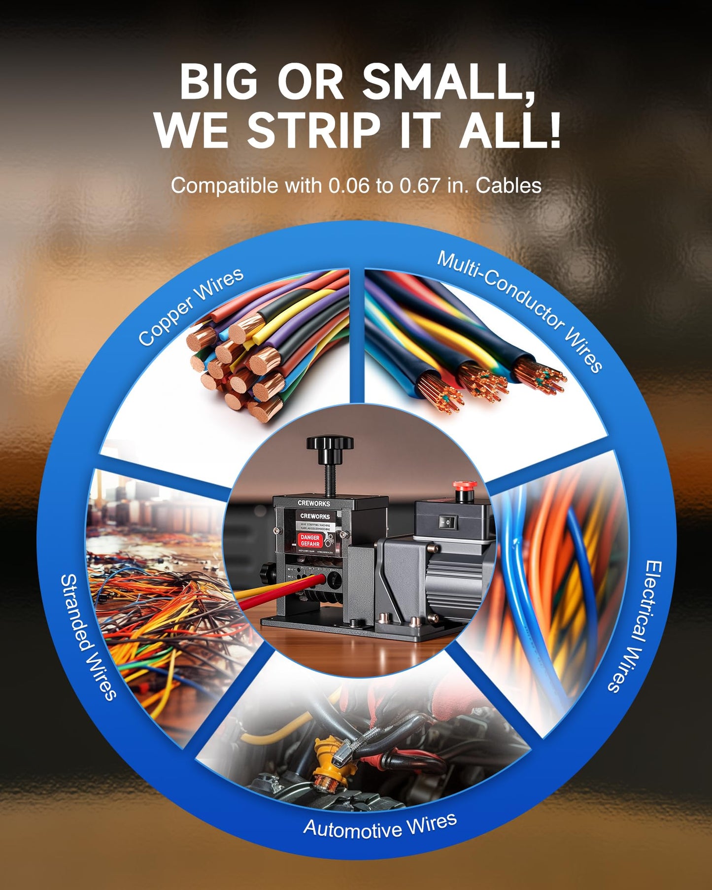CREWORKS Automatic Wire Stripper Machine, 8 Channel Electric Wire Stripping Machine for 0.06 to 0.67 in. Copper Wires, Electric Cable Stripper Machine with 5 Blades and All-Copper Motor for Recycling
